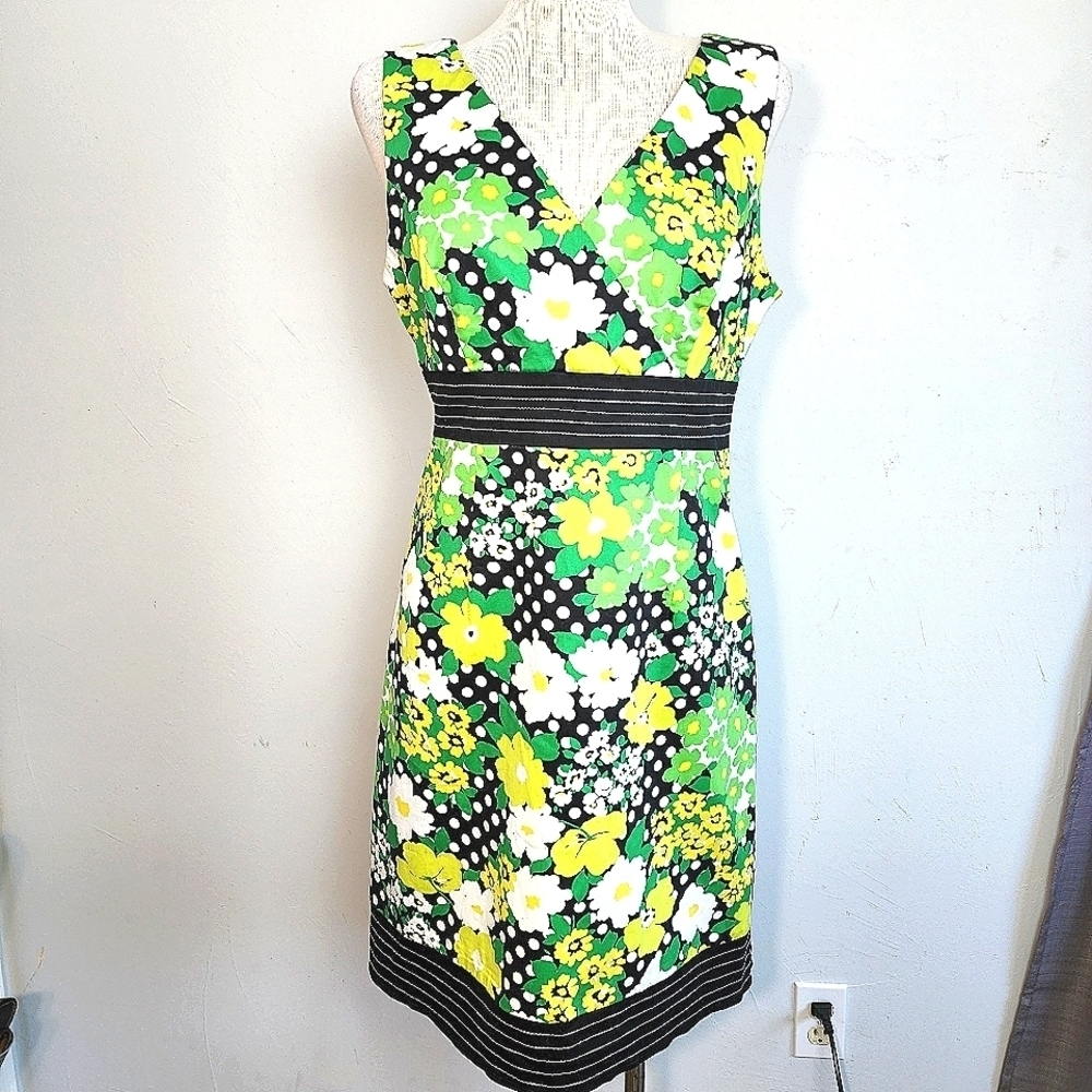 D By Ltd Green & Black Floral Sleeveless V Neck Aline Women's Dress Size 14